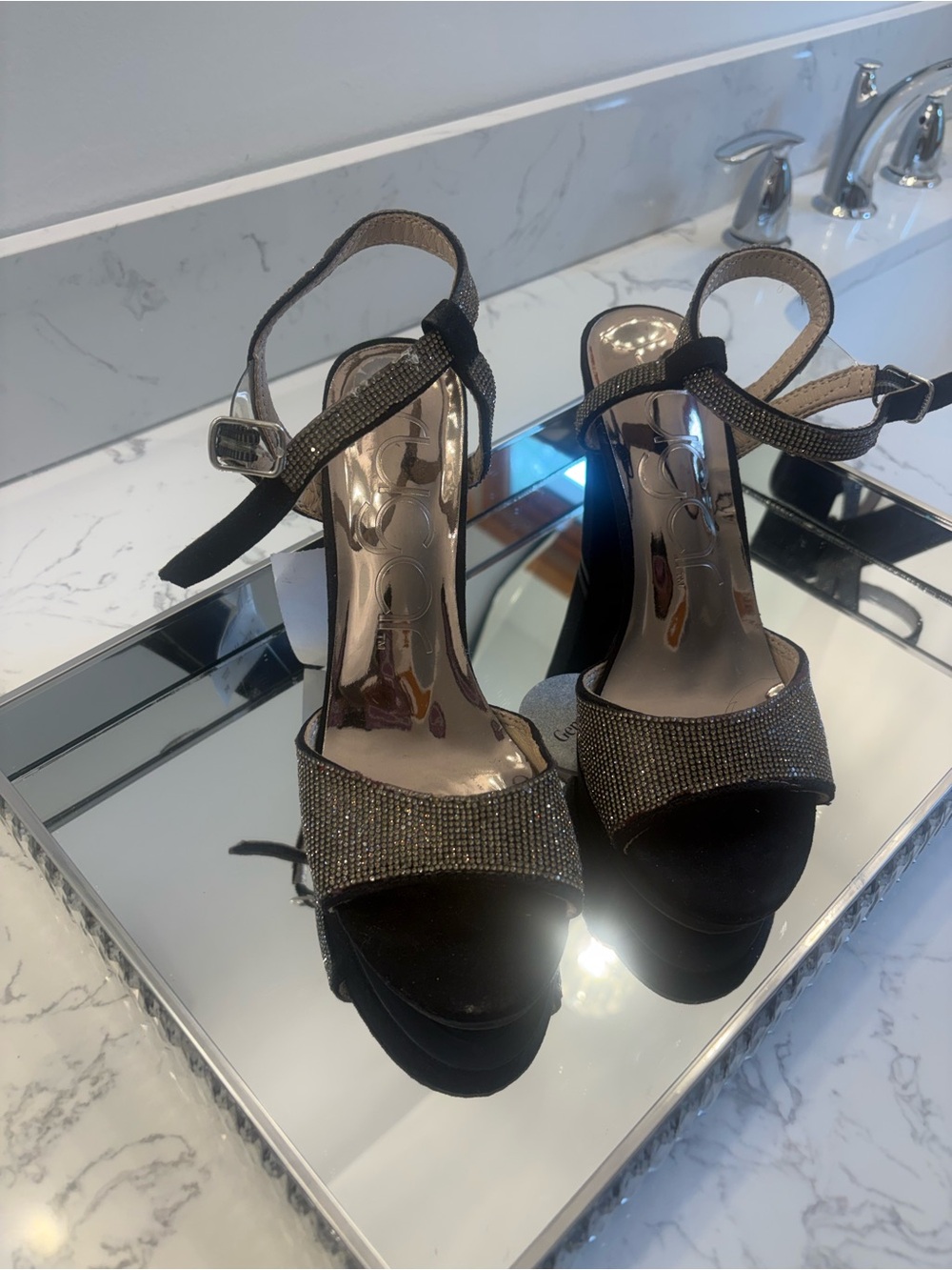 Black Rhinestone Strap Women's Heeled Sandals